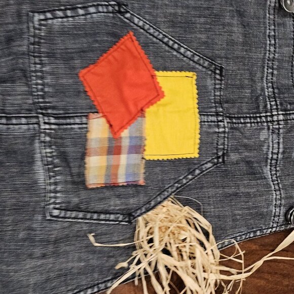 Womens Juniors XL Sexy‎ Scarecrow Denim Dress Overalls Jumper Bibs Patches - Picture 7 of 11